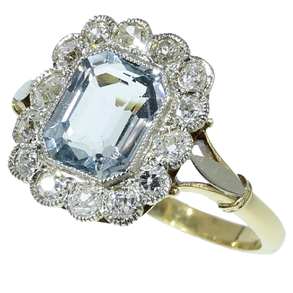 Two tone gold diamond aquamarine estate engagement ring